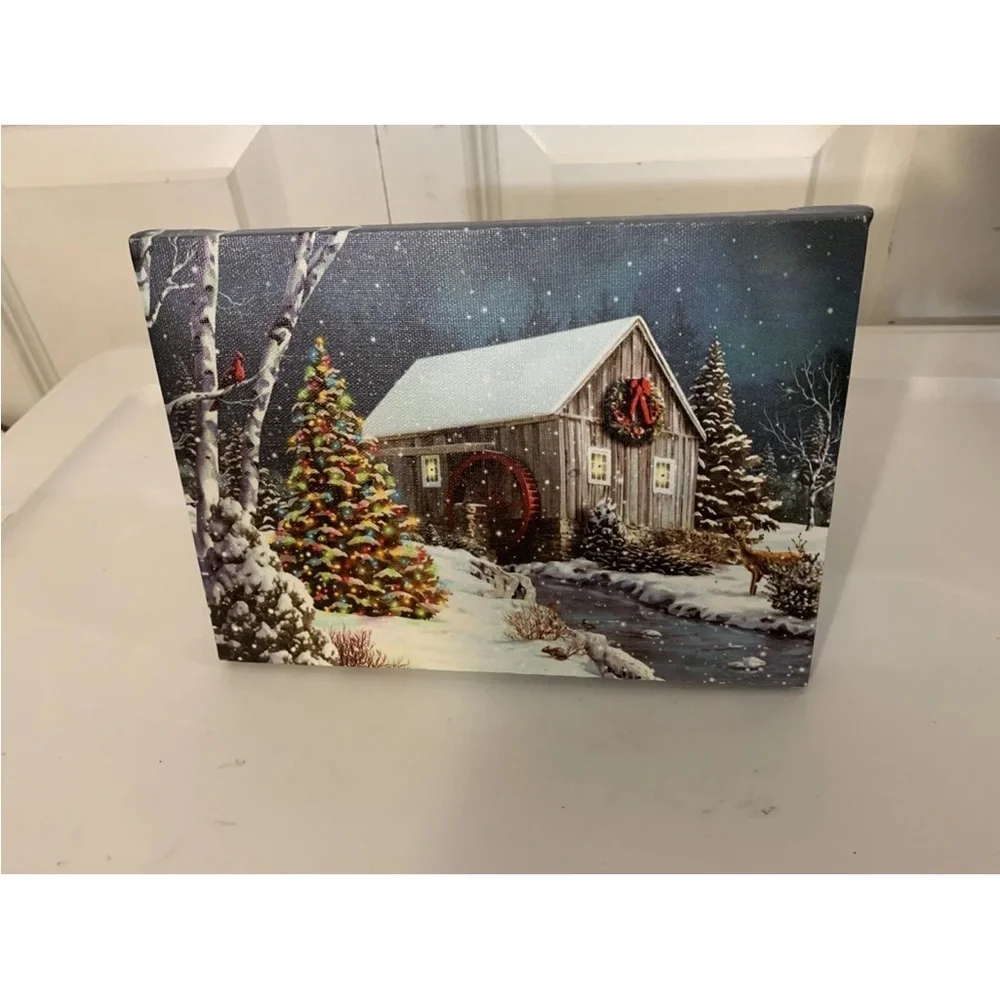 Tabletop led lighted cabin winter snowy scene Holiday Canvas Art with LED Lights